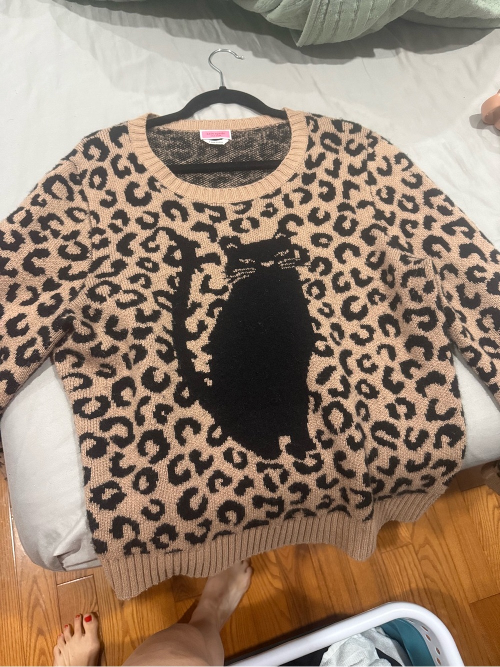 Kate Spade Leopard Pattern Sweater Womens Size Large Black Kitty Cat